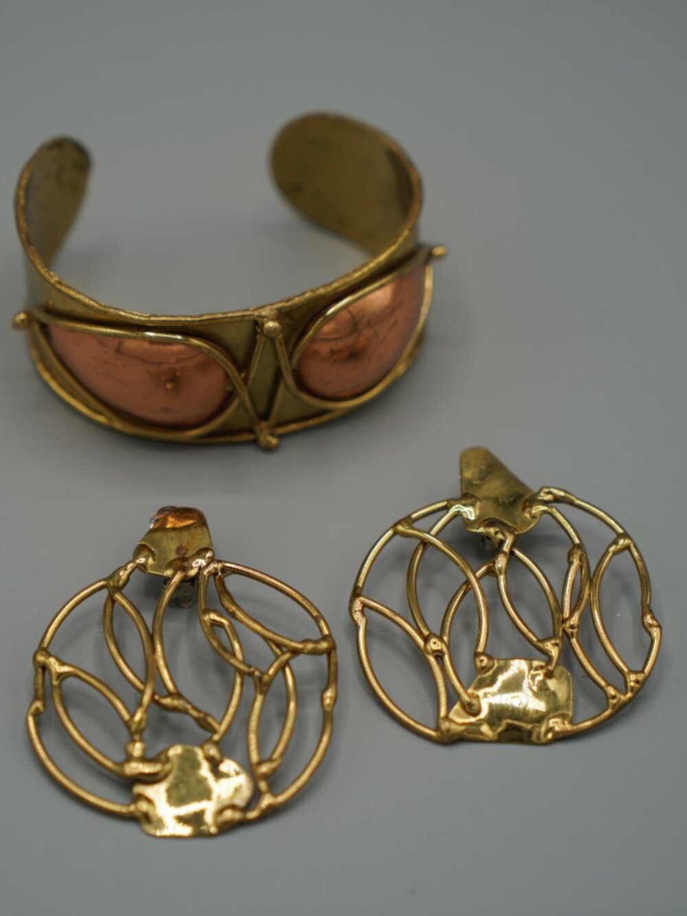 Vintage Made In Mexico Brutalist Brass/Copper Bracelet Earrings Set-Signed Exart